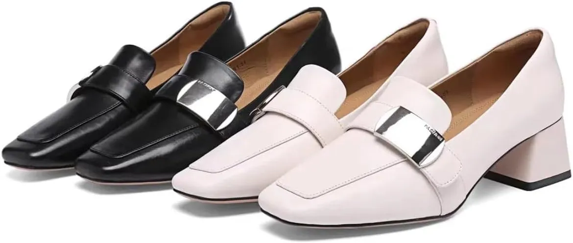 Classic Slip-on Loafers for Women Mid-Heeled Square Toe Soft Genuine Full Leather Shoes Elegant Ladylike Temperament Flats Chunky Block Heels