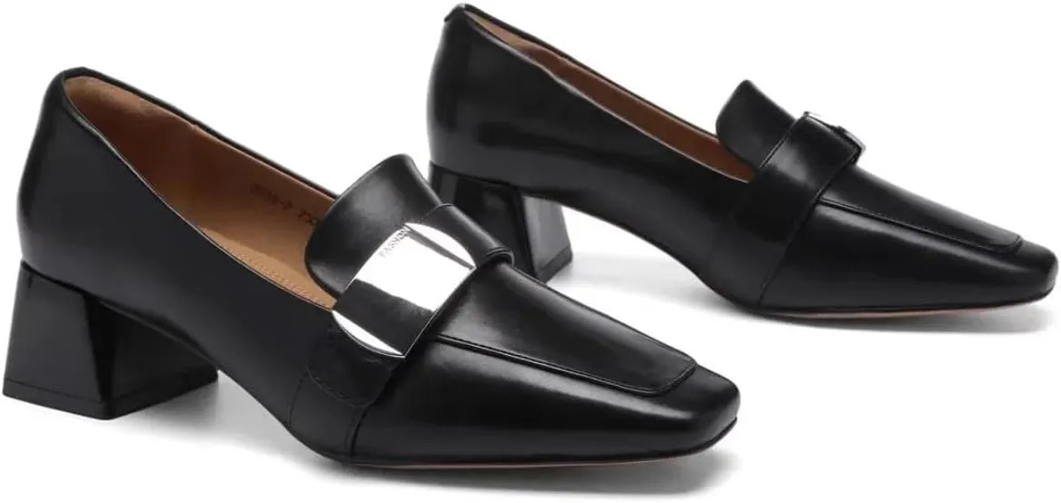 Classic Slip-on Loafers for Women Mid-Heeled Square Toe Soft Genuine Full Leather Shoes Elegant Ladylike Temperament Flats Chunky Block Heels