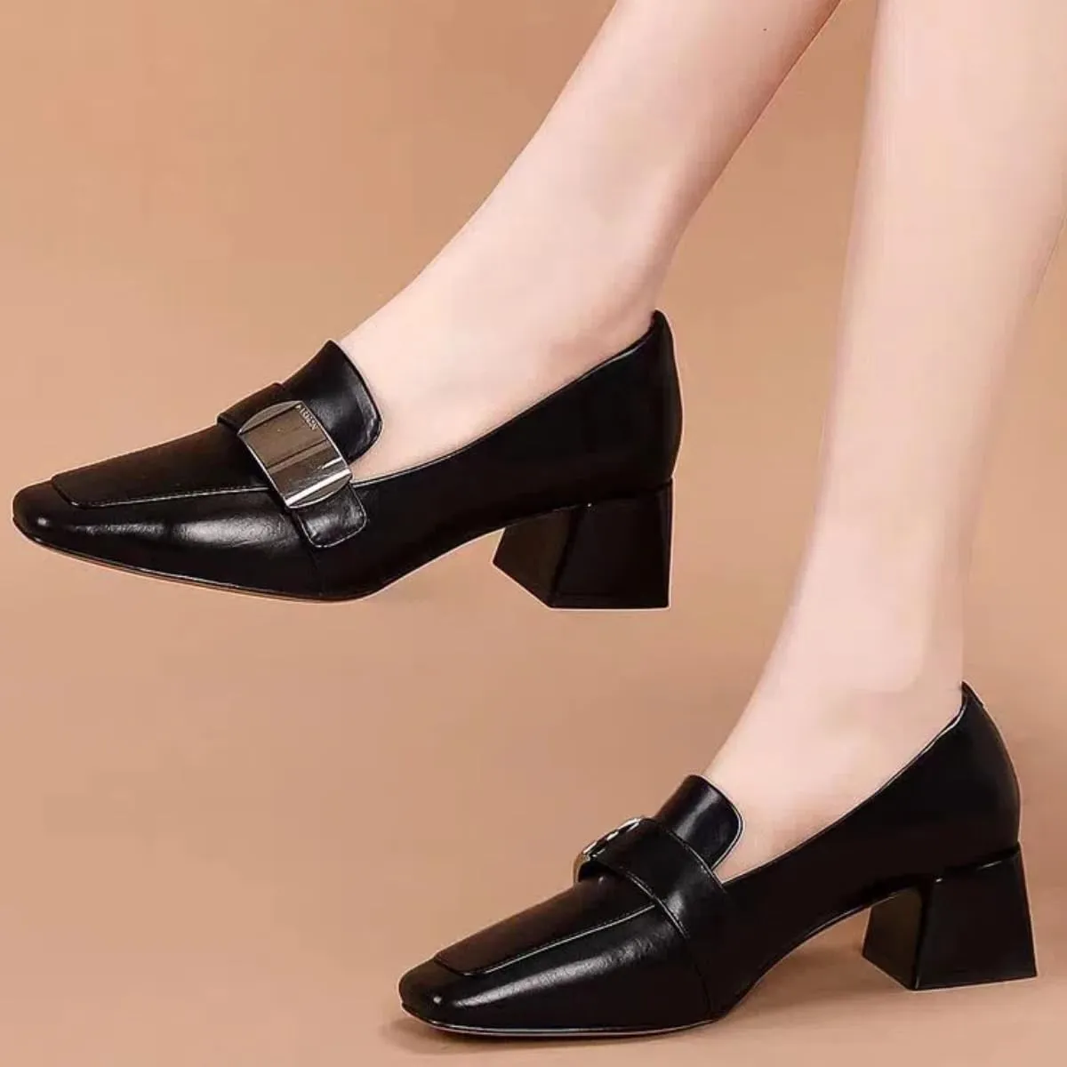 Classic Slip-on Loafers for Women Mid-Heeled Square Toe Soft Genuine Full Leather Shoes Elegant Ladylike Temperament Flats Chunky Block Heels