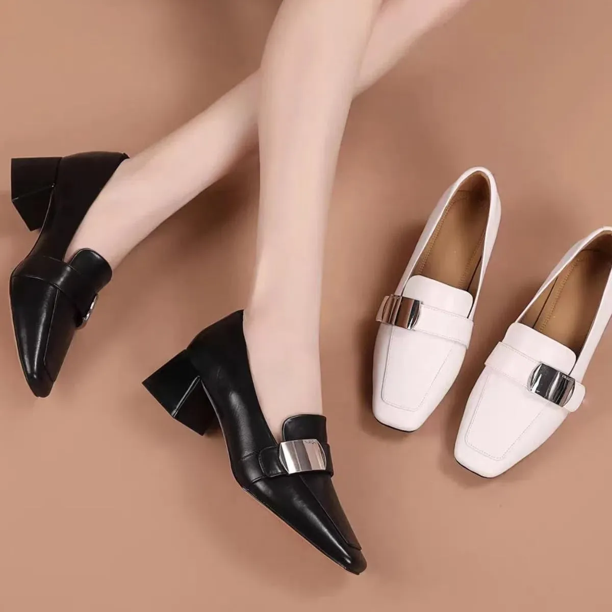 Classic Slip-on Loafers for Women Mid-Heeled Square Toe Soft Genuine Full Leather Shoes Elegant Ladylike Temperament Flats Chunky Block Heels