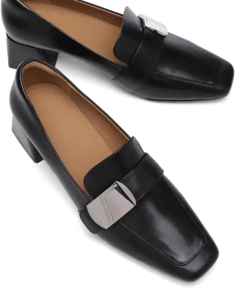 Classic Slip-on Loafers for Women Mid-Heeled Square Toe Soft Genuine Full Leather Shoes Elegant Ladylike Temperament Flats Chunky Block Heels