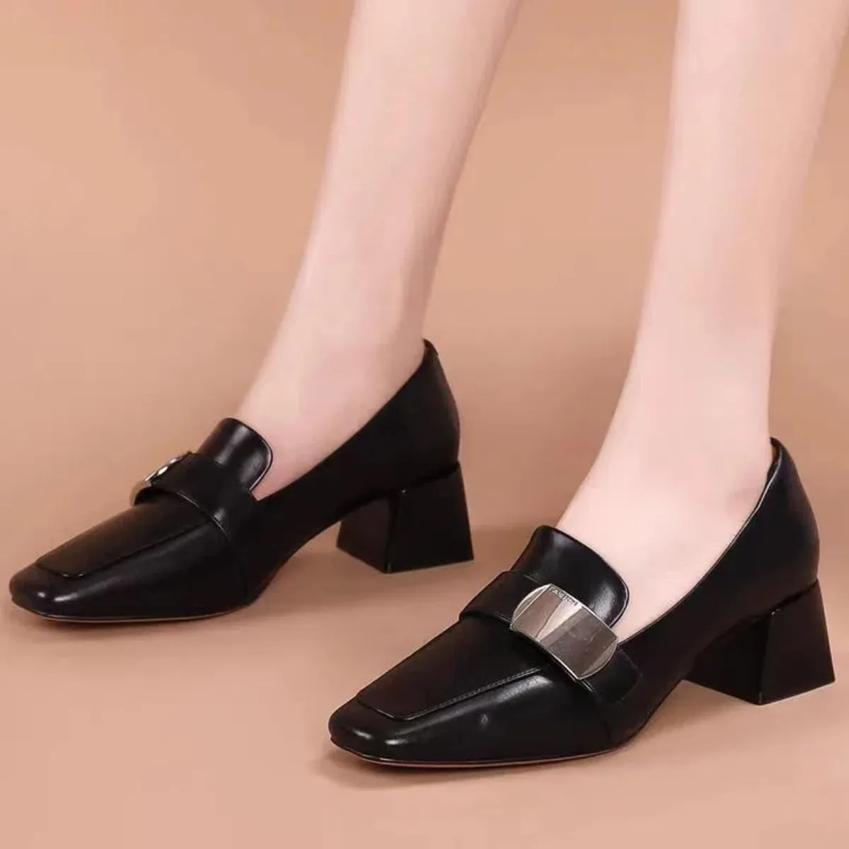 Classic Slip-on Loafers for Women Mid-Heeled Square Toe Soft Genuine Full Leather Shoes Elegant Ladylike Temperament Flats Chunky Block Heels