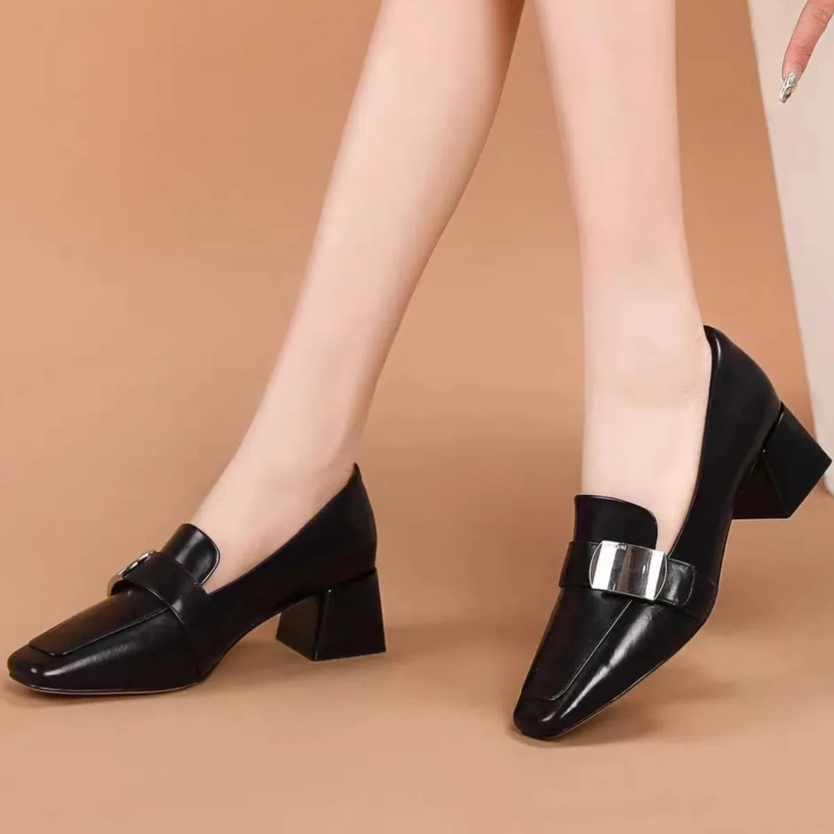 Classic Slip-on Loafers for Women Mid-Heeled Square Toe Soft Genuine Full Leather Shoes Elegant Ladylike Temperament Flats Chunky Block Heels