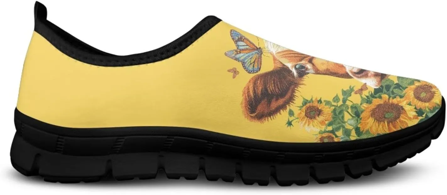 Cow Print Athletic Sneakers Low Cut Work Shoes for Women Casual Flats Heels Loafers Lightweight Tennis Mesh Shoe Loafer