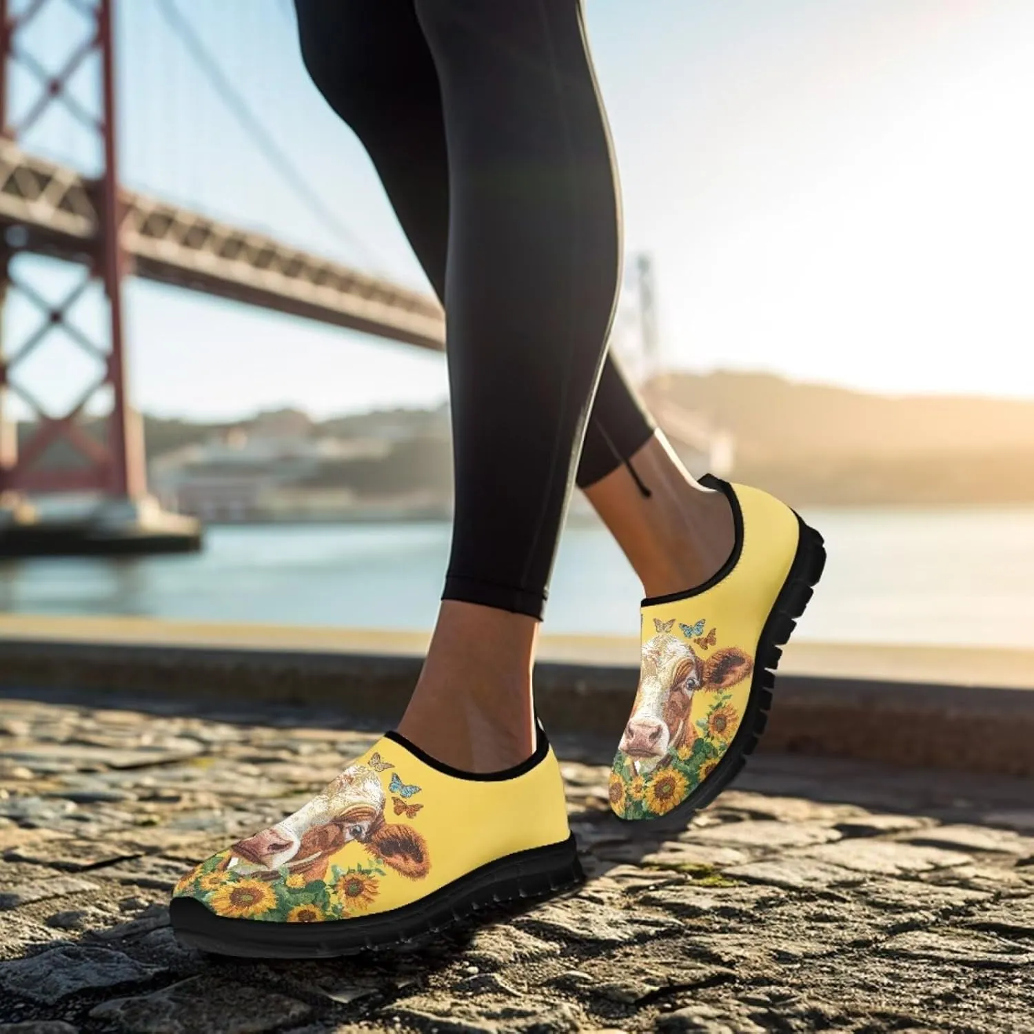Cow Print Athletic Sneakers Low Cut Work Shoes for Women Casual Flats Heels Loafers Lightweight Tennis Mesh Shoe Loafer