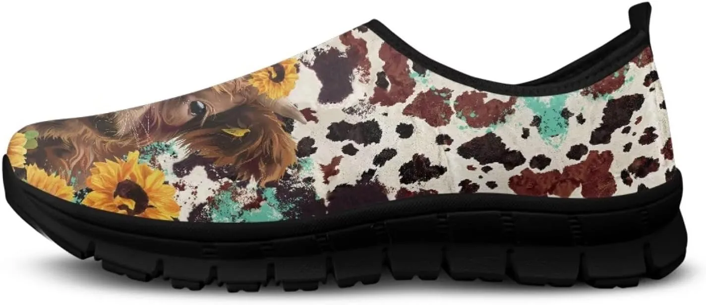 Cow Print Athletic Sneakers Low Cut Work Shoes for Women Casual Flats Heels Loafers Lightweight Tennis Mesh Shoe Loafer