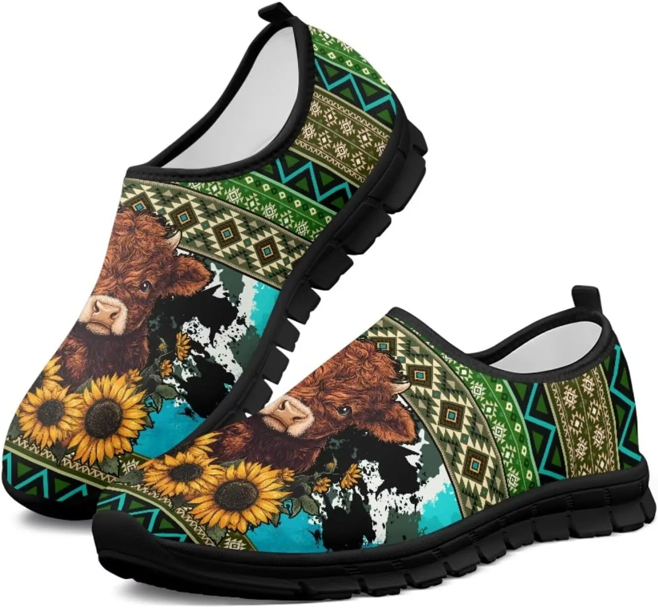 Cow Print Athletic Sneakers Low Cut Work Shoes for Women Casual Flats Heels Loafers Lightweight Tennis Mesh Shoe Loafer