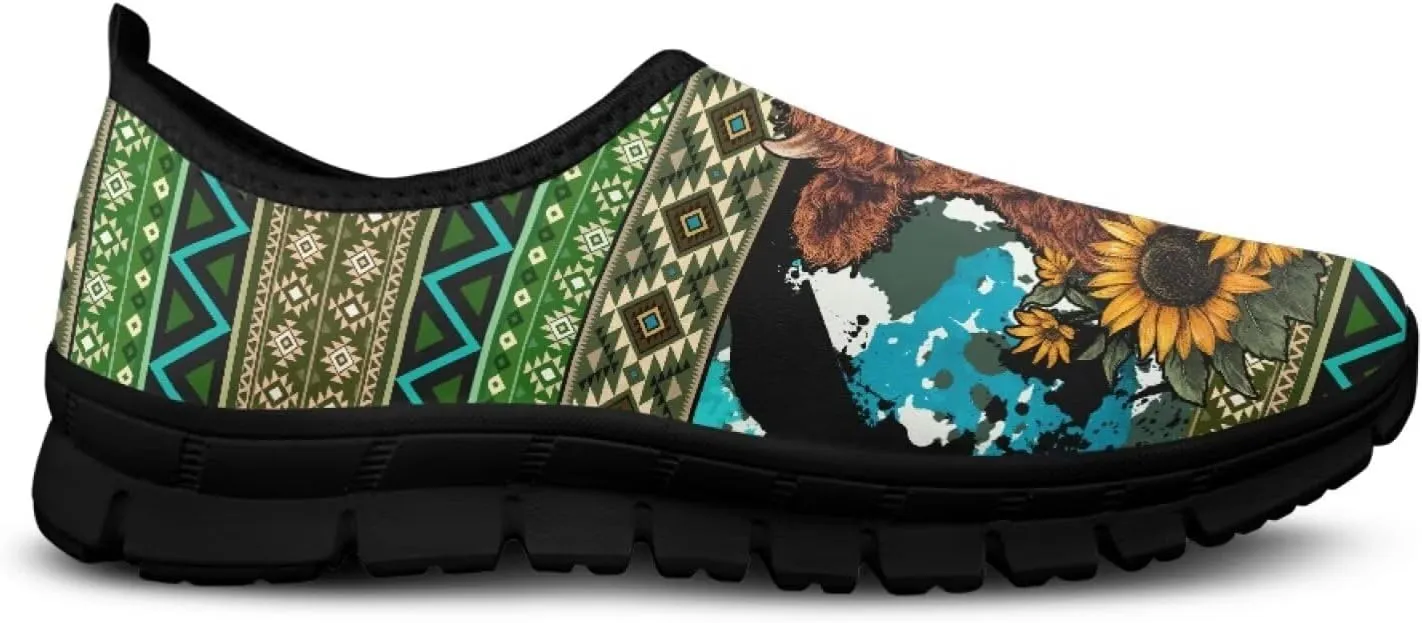 Cow Print Athletic Sneakers Low Cut Work Shoes for Women Casual Flats Heels Loafers Lightweight Tennis Mesh Shoe Loafer
