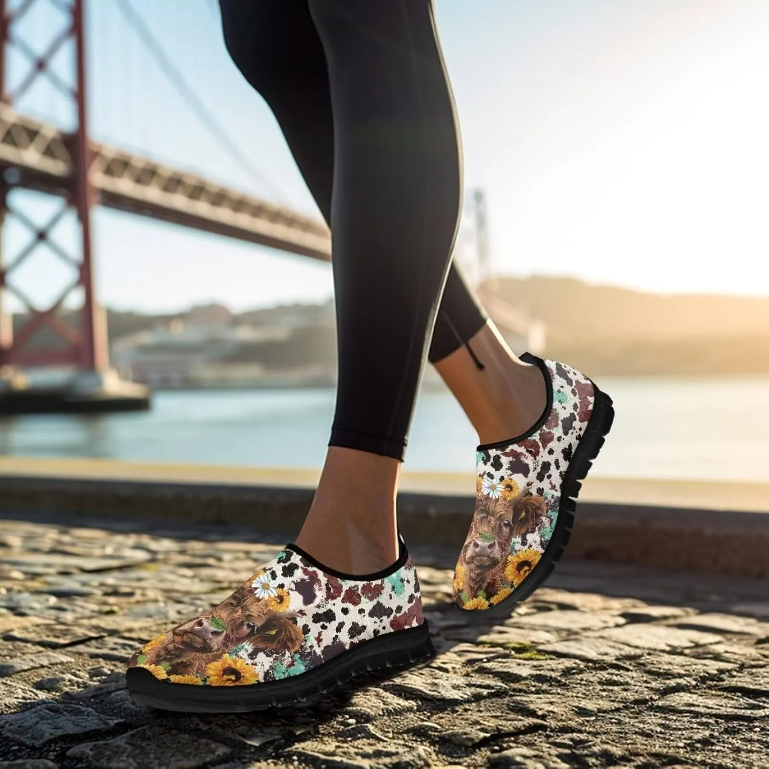 Cow Print Athletic Sneakers Low Cut Work Shoes for Women Casual Flats Heels Loafers Lightweight Tennis Mesh Shoe Loafer