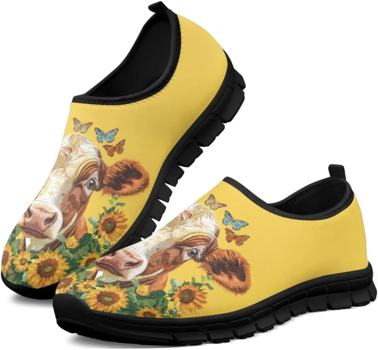 Cow Print Athletic Sneakers Low Cut Work Shoes for Women Casual Flats Heels Loafers Lightweight Tennis Mesh Shoe Loafer