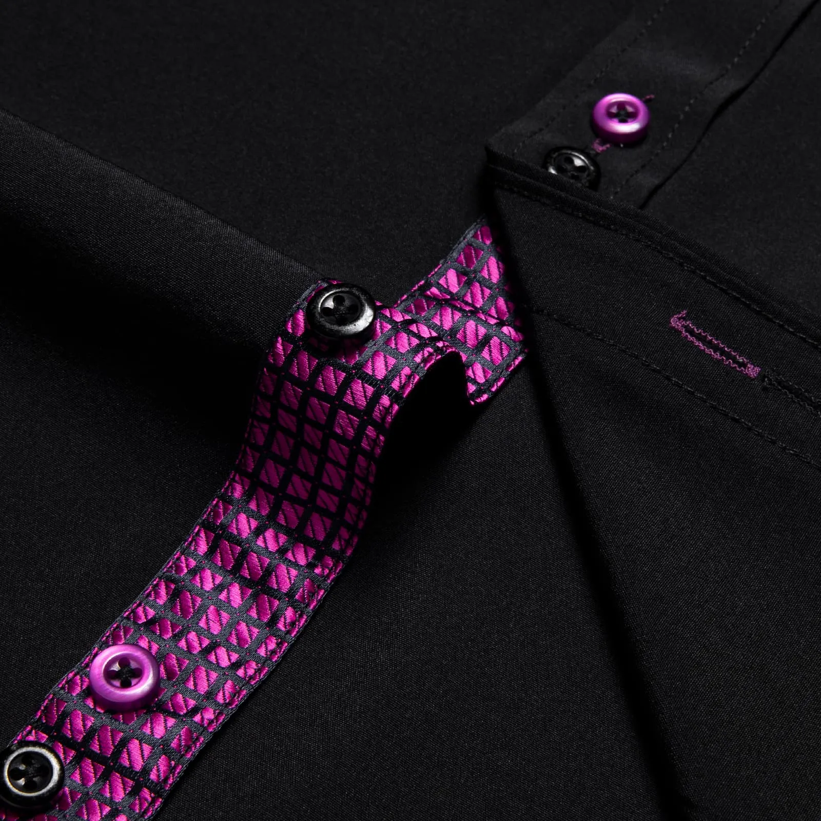 DiBanGu Mens Dress Shirt Black Solid Purple Plaid Splicing Silk Shirt