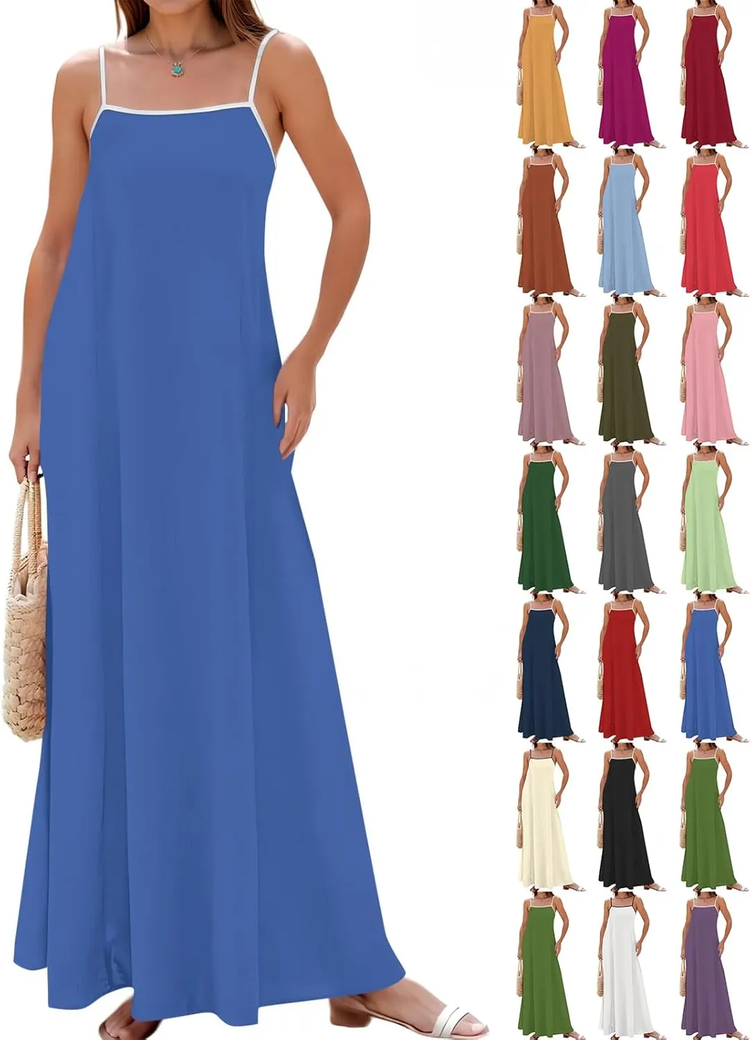 Maxi Dresses for Women 2025 Sleeveless Adjustable Spaghetti Straps Long Dress Summer Loose Flowy Boho Beach Sundress