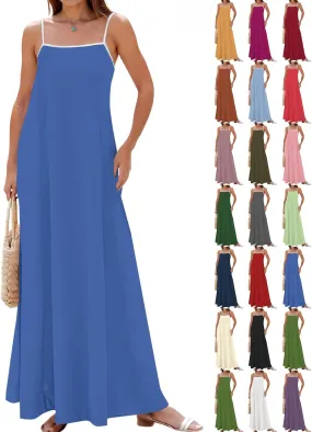 Maxi Dresses for Women 2025 Sleeveless Adjustable Spaghetti Straps Long Dress Summer Loose Flowy Boho Beach Sundress