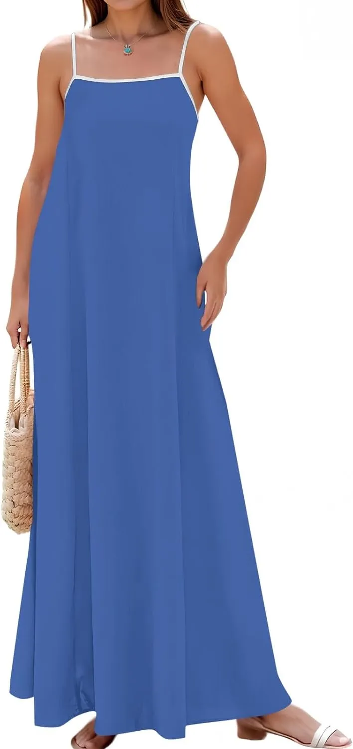 Maxi Dresses for Women 2025 Sleeveless Adjustable Spaghetti Straps Long Dress Summer Loose Flowy Boho Beach Sundress