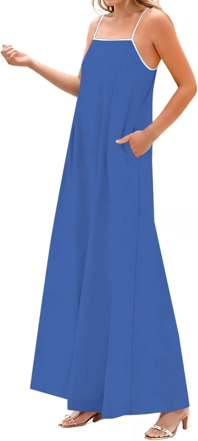 Maxi Dresses for Women 2025 Sleeveless Adjustable Spaghetti Straps Long Dress Summer Loose Flowy Boho Beach Sundress