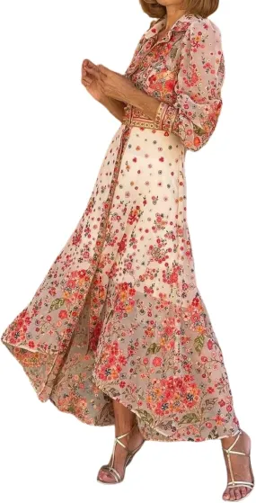 Summer Bohemian Dresses for Women Floral Print Collared Long Sleeve Maxi Dress Refined A Line High Waist Irregular Hem Dress
