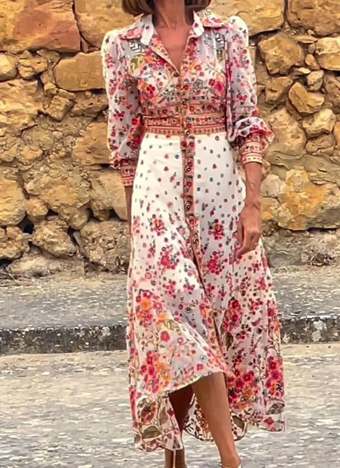 Summer Bohemian Dresses for Women Floral Print Collared Long Sleeve Maxi Dress Refined A Line High Waist Irregular Hem Dress