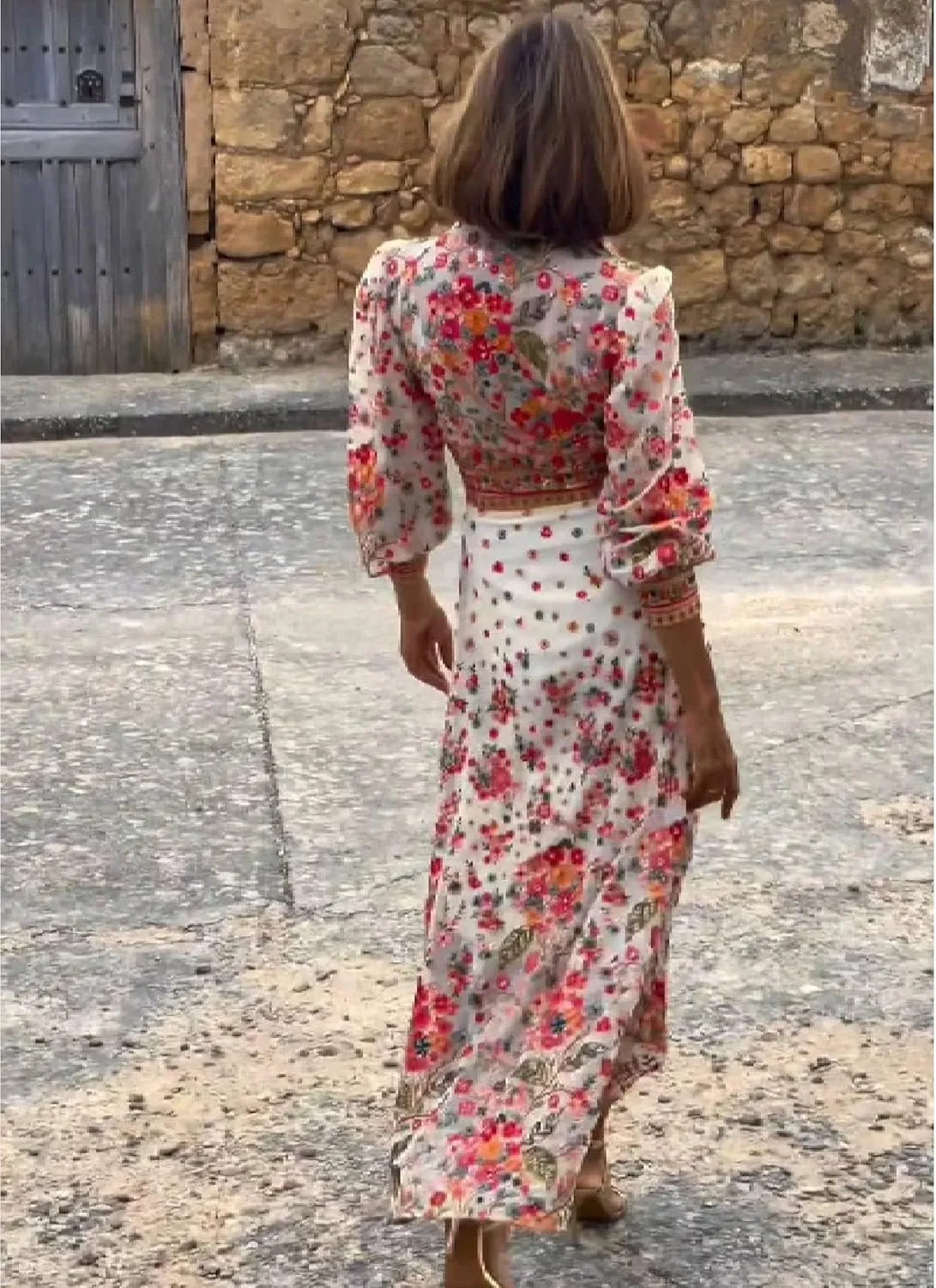 Summer Bohemian Dresses for Women Floral Print Collared Long Sleeve Maxi Dress Refined A Line High Waist Irregular Hem Dress