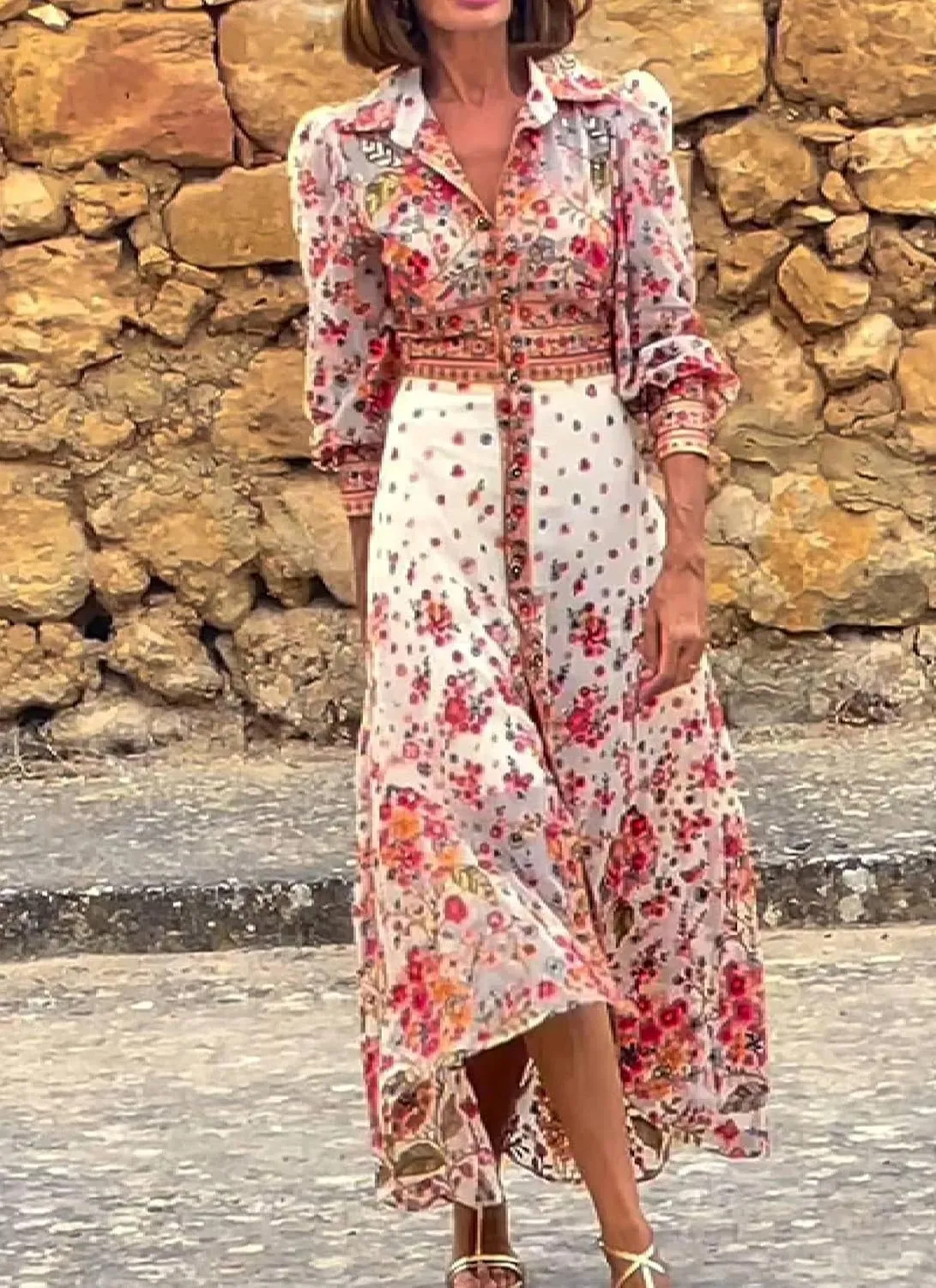 Summer Bohemian Dresses for Women Floral Print Collared Long Sleeve Maxi Dress Refined A Line High Waist Irregular Hem Dress