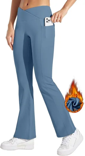 Willit Women's Fleece Lined Pants Yoga Crossover Leggings Bootcut Thermal Winter Pants Flare Leggings Water Resistant
