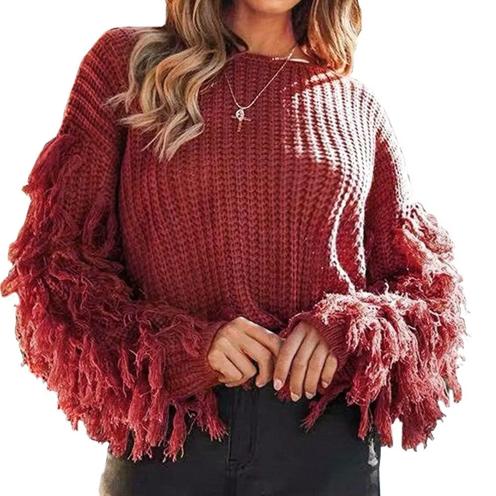 Women Fringe Sleeves Loose Knitted Jumpers Sweater