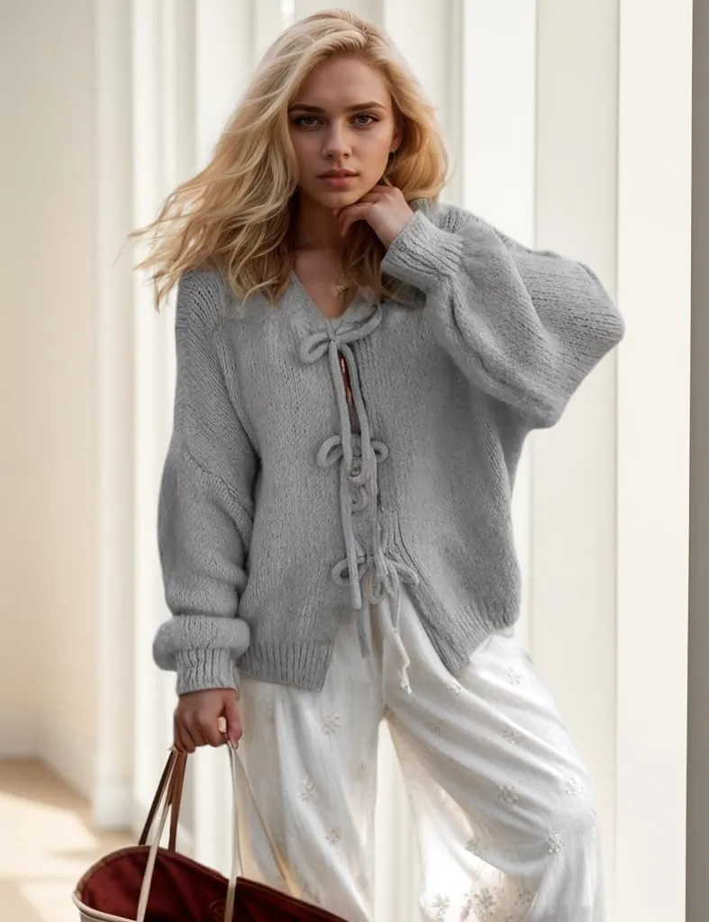 Women Tie Front Knitted Cardigan Y2k Open Front Knitwear Tops Long Sleeve Oversized Cardigan Sweater Trendy Streetwear