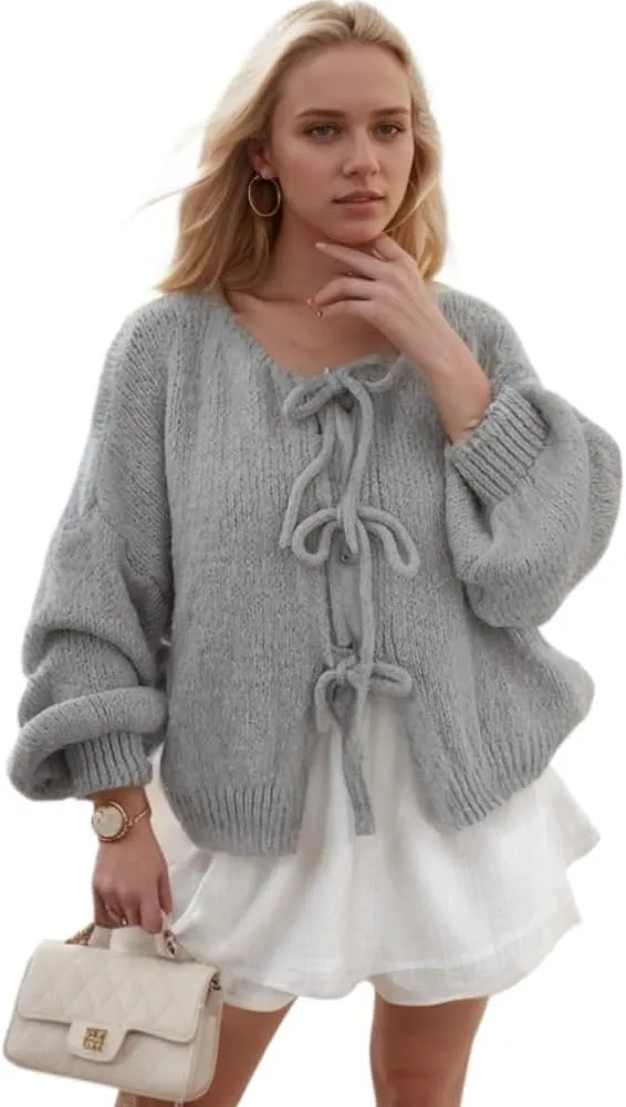 Women Tie Front Knitted Cardigan Y2k Open Front Knitwear Tops Long Sleeve Oversized Cardigan Sweater Trendy Streetwear