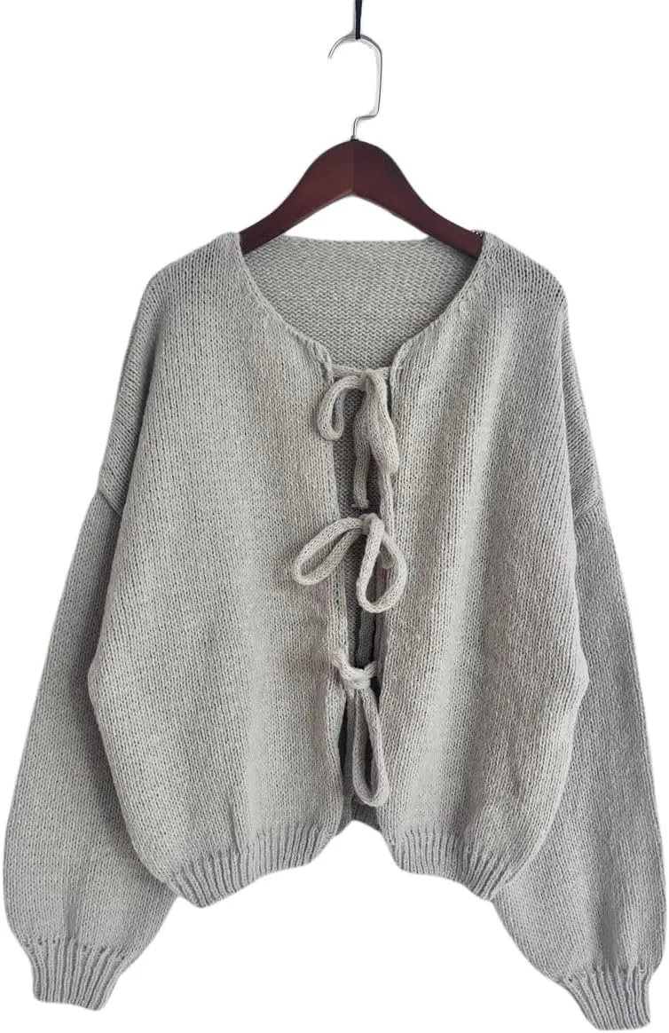 Women Tie Front Knitted Cardigan Y2k Open Front Knitwear Tops Long Sleeve Oversized Cardigan Sweater Trendy Streetwear