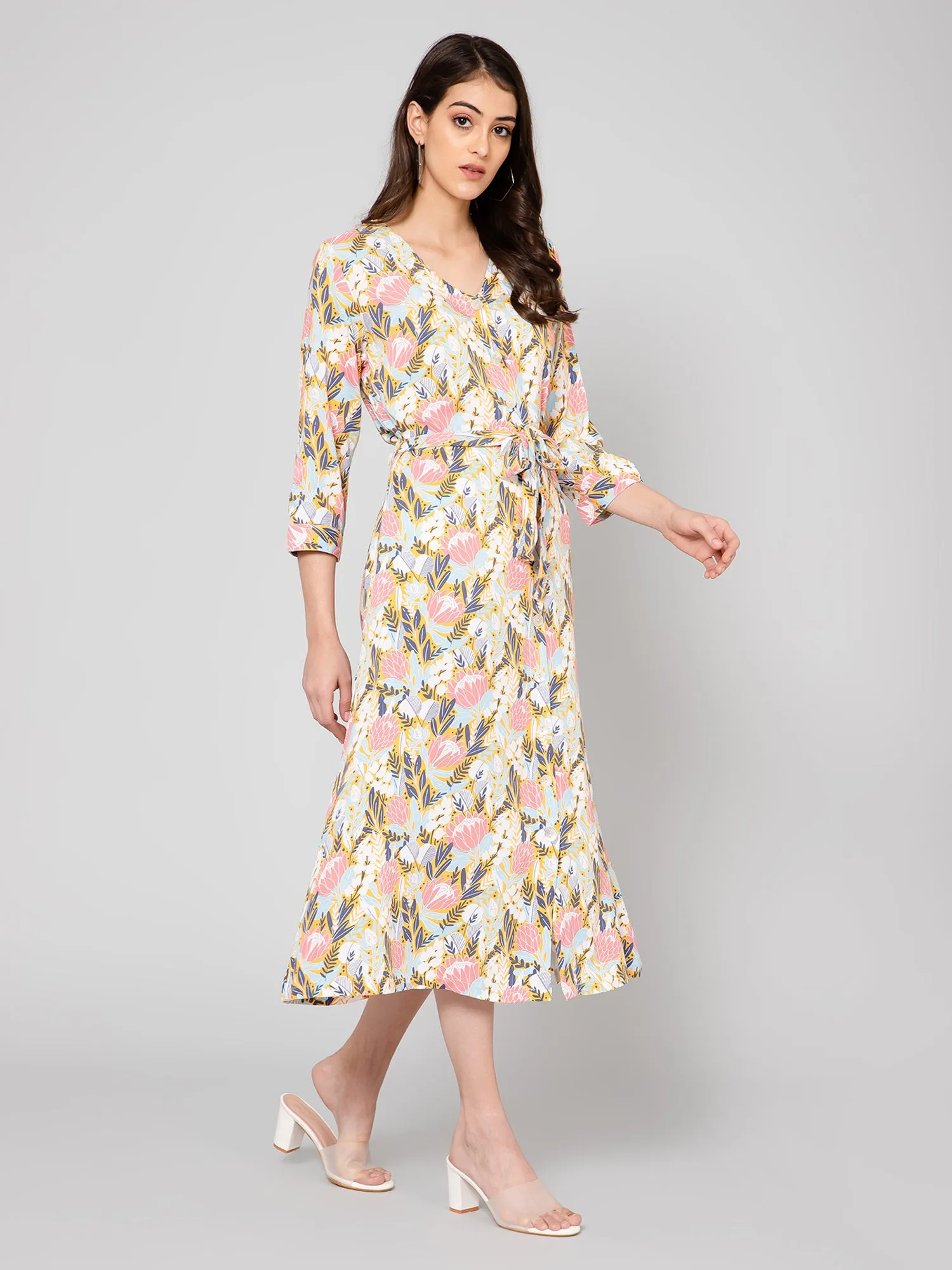 Women's Casual V neck Multi color Floral Print A line Dress