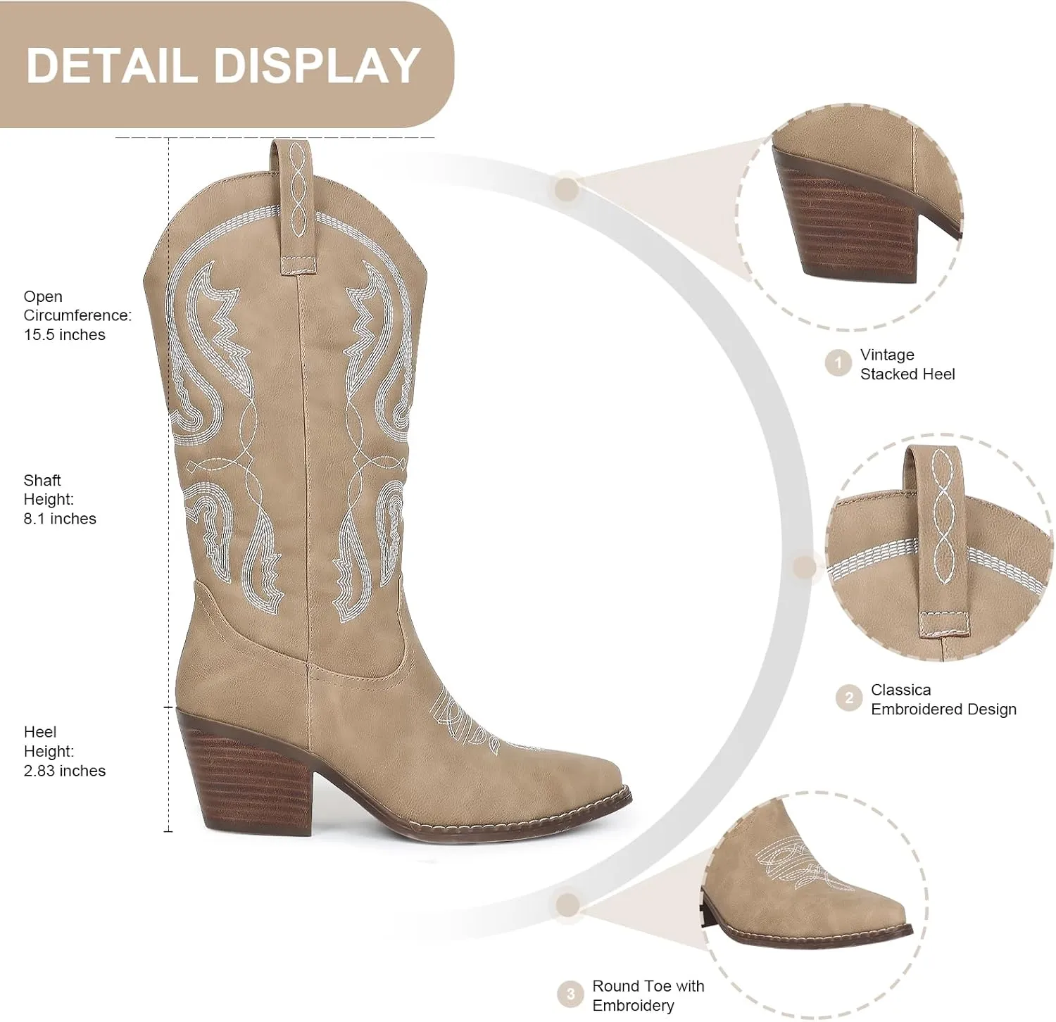 Womens Cowboy Boots Embroidered Western Cowgirl Mid Calf Boots with Block Chunky Heel Comfortable Retro Pull On Pointed Toe Wide Calf Long Tall