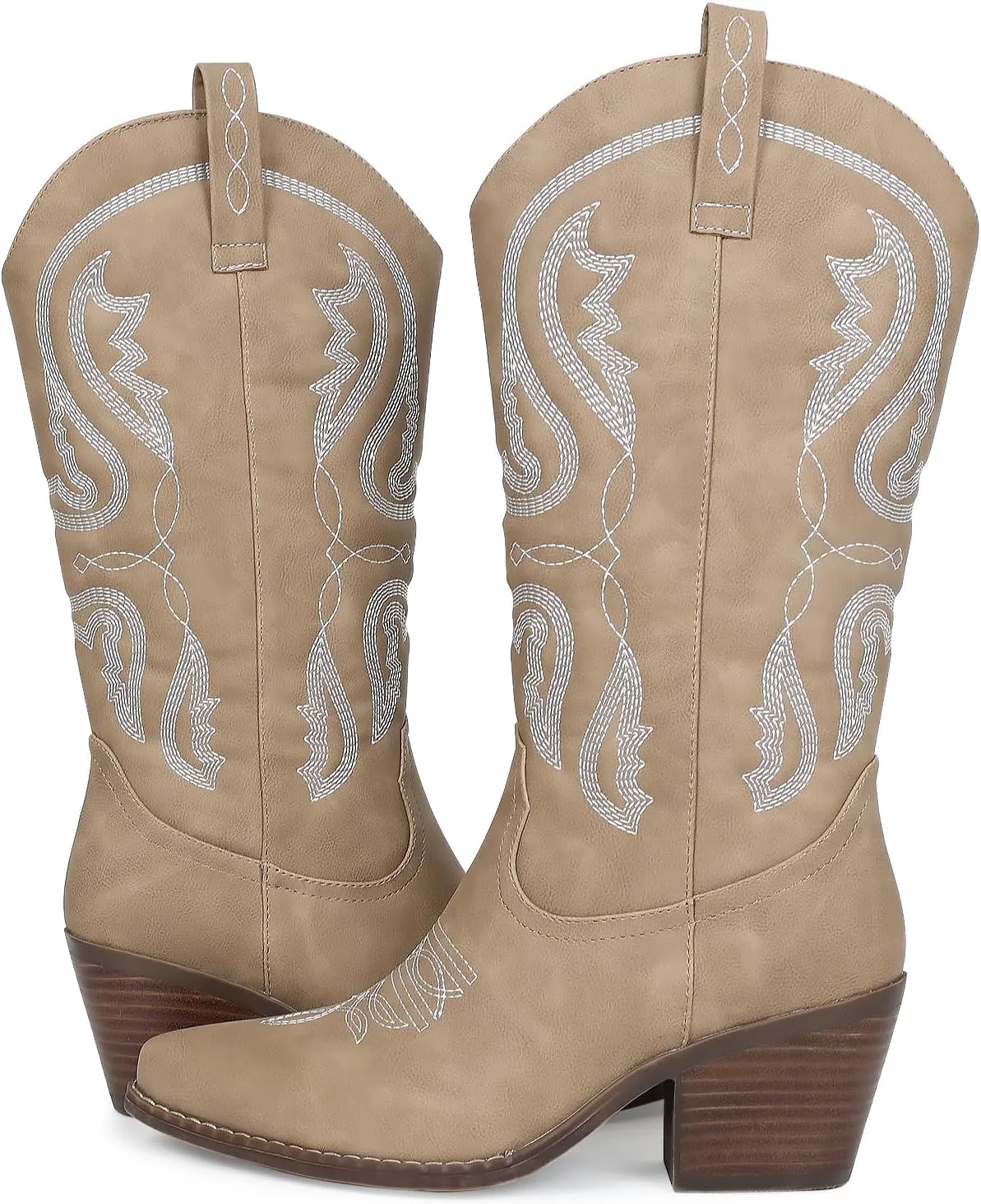 Womens Cowboy Boots Embroidered Western Cowgirl Mid Calf Boots with Block Chunky Heel Comfortable Retro Pull On Pointed Toe Wide Calf Long Tall