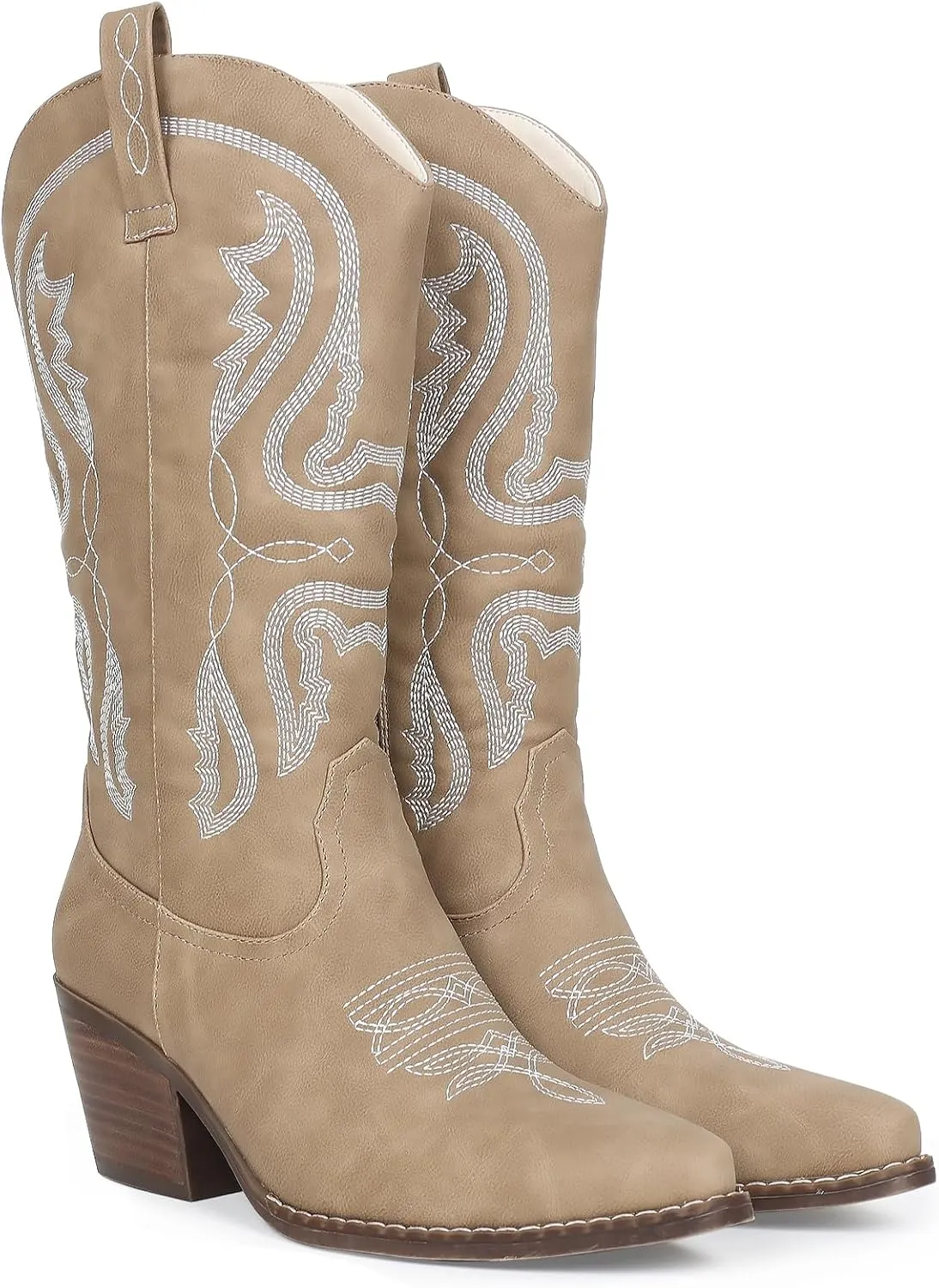 Womens Cowboy Boots Embroidered Western Cowgirl Mid Calf Boots with Block Chunky Heel Comfortable Retro Pull On Pointed Toe Wide Calf Long Tall