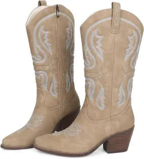 Womens Cowboy Boots Embroidered Western Cowgirl Mid Calf Boots with Block Chunky Heel Comfortable Retro Pull On Pointed Toe Wide Calf Long Tall