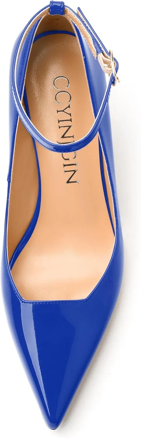 Womens Kitten Heels Comfort Fashion Pointed Toe Solid Buckle Ankle Strap Pump