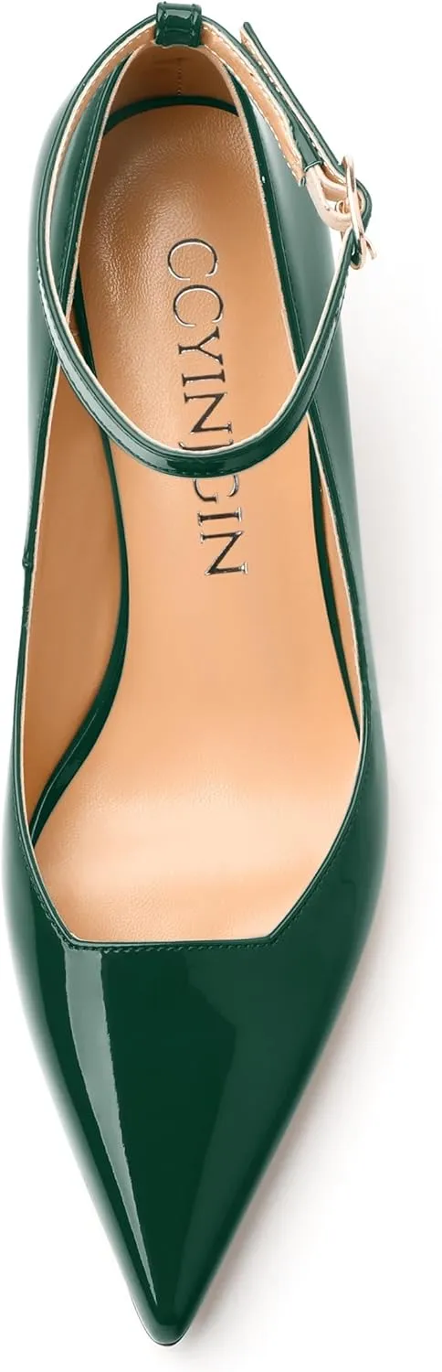 Womens Kitten Heels Comfort Fashion Pointed Toe Solid Buckle Ankle Strap Pump