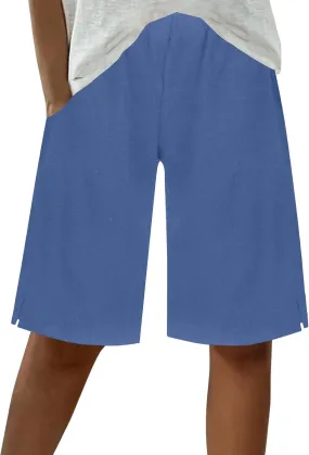 Women's Linen Bermuda Shorts Loose Fit Elastic Waist Drawstring Wide Leg Shorts Summer Casual Beach Outfits with Pocket