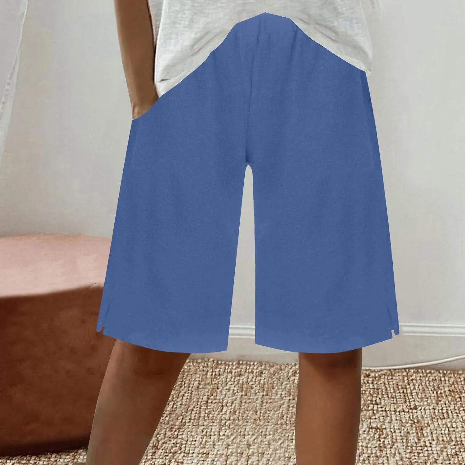 Women's Linen Bermuda Shorts Loose Fit Elastic Waist Drawstring Wide Leg Shorts Summer Casual Beach Outfits with Pocket