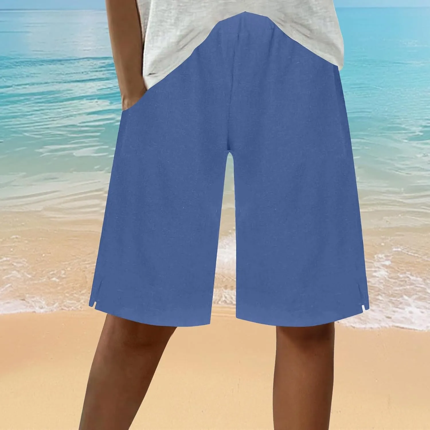 Women's Linen Bermuda Shorts Loose Fit Elastic Waist Drawstring Wide Leg Shorts Summer Casual Beach Outfits with Pocket