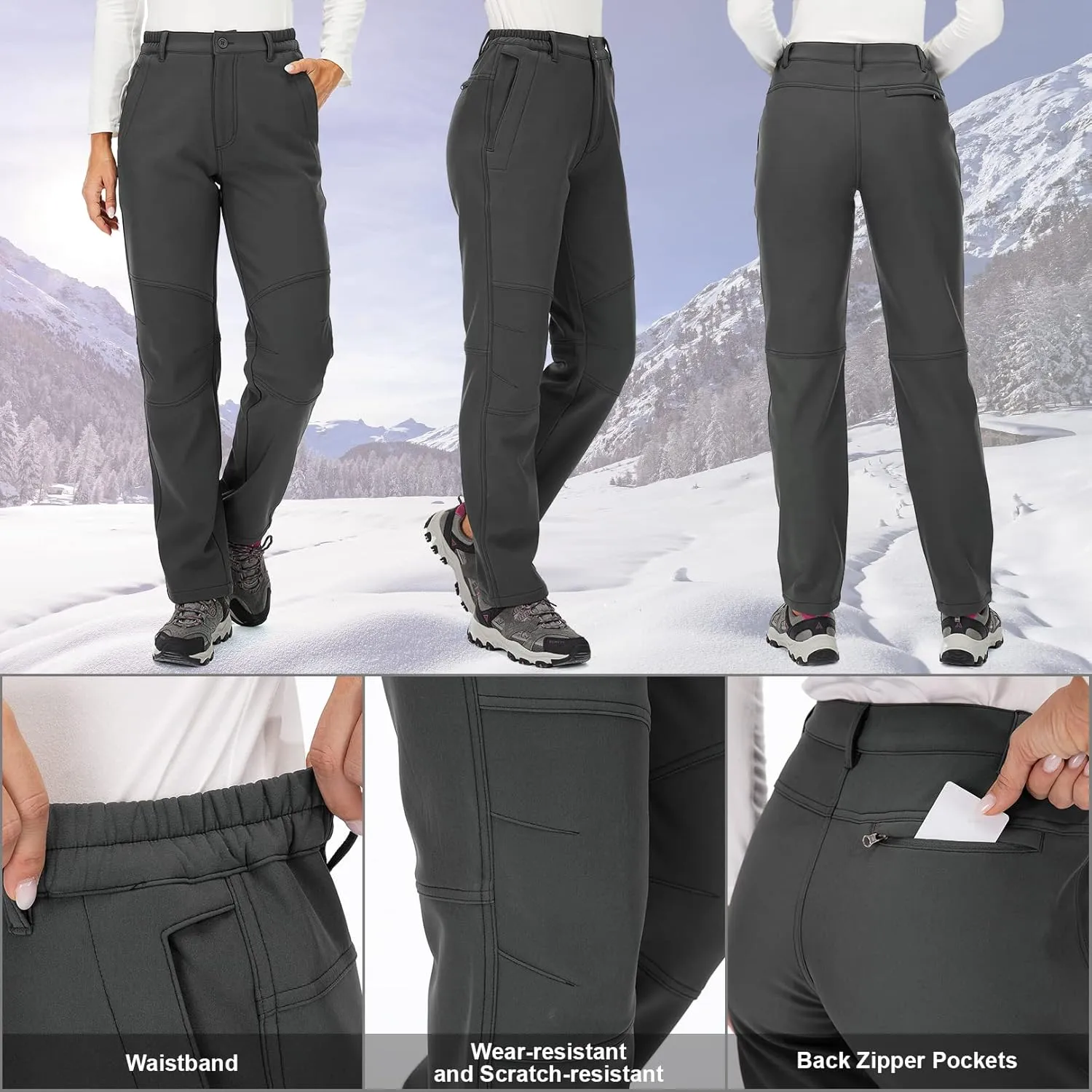 Womens Snow Pants Winter Fleece Lined Waterproof Soft Shell Insulated Outdoor Camping Travel ski Pants
