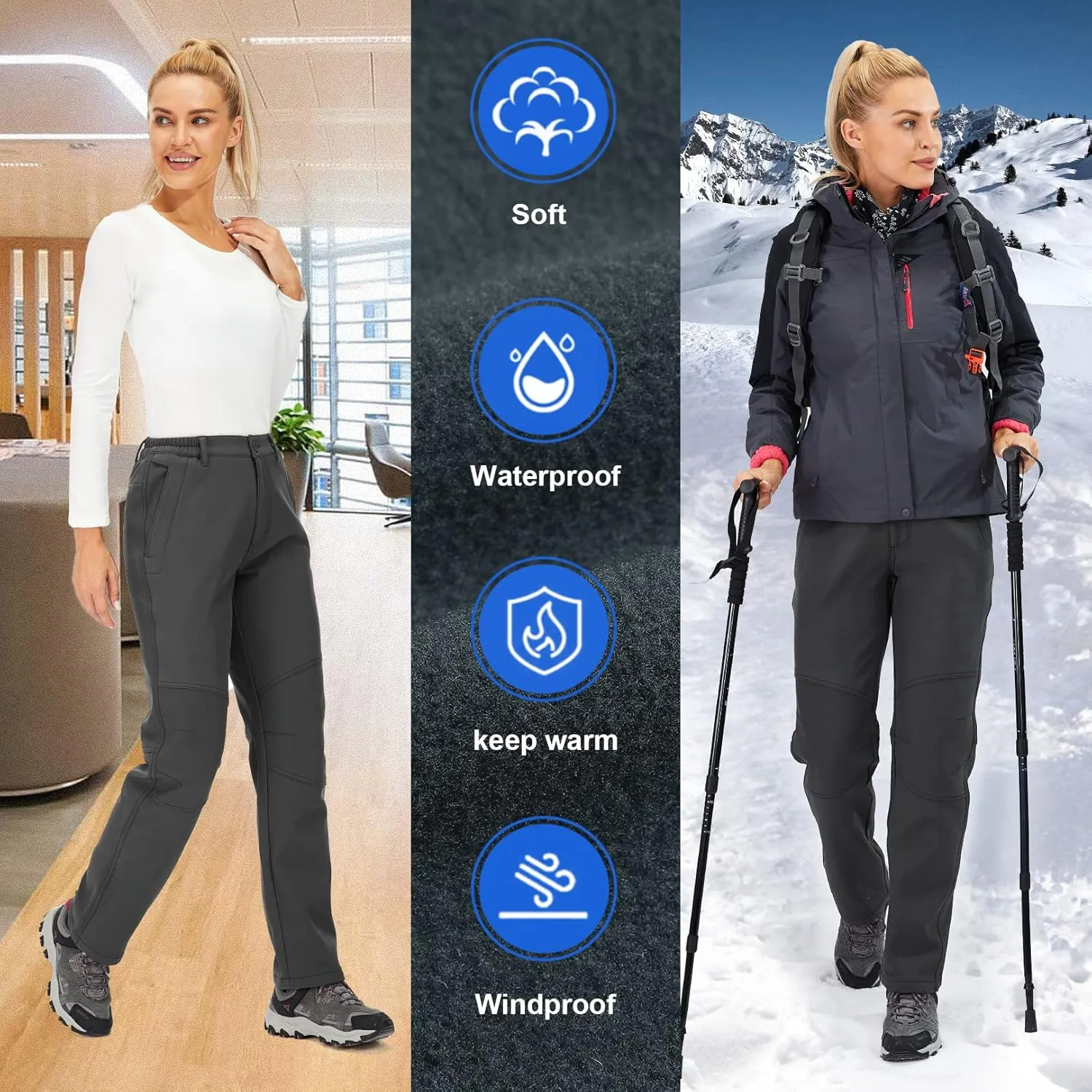 Womens Snow Pants Winter Fleece Lined Waterproof Soft Shell Insulated Outdoor Camping Travel ski Pants