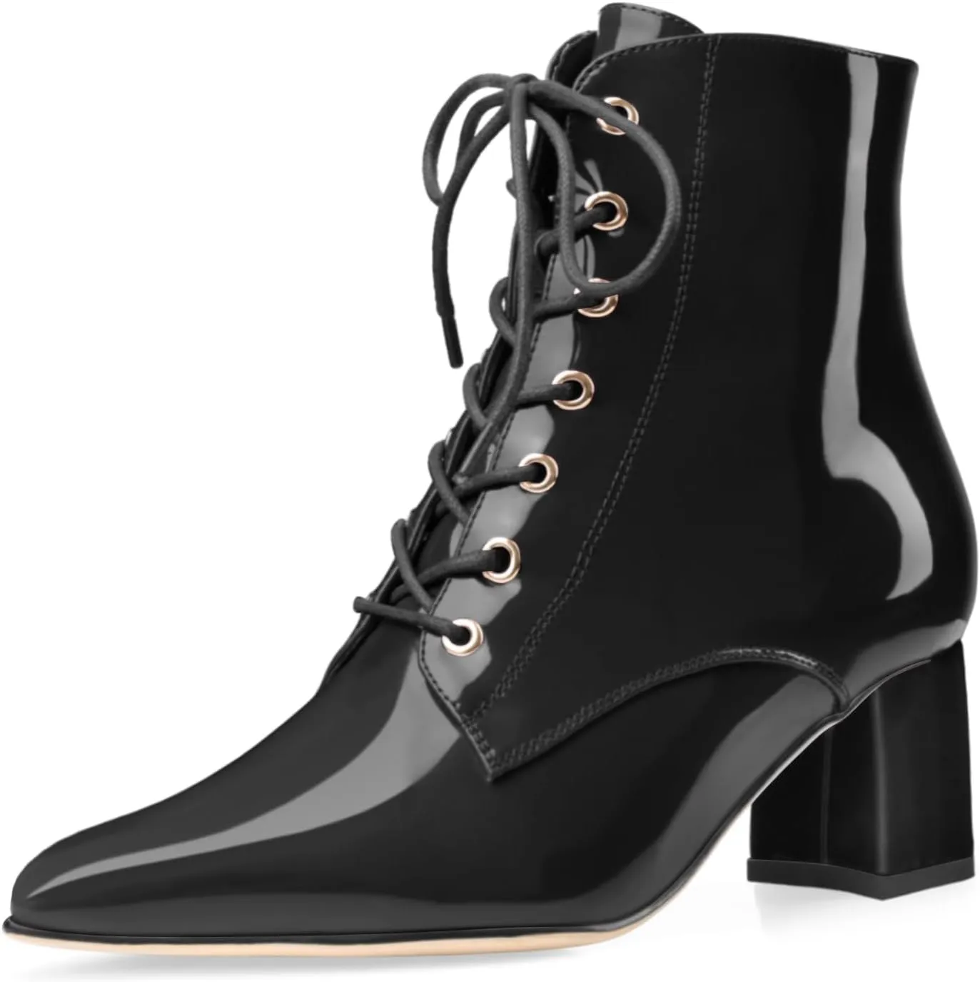 Z.Oufeier Women's Chunky Ankle Boots with Low Block Heel Fashion Leather Lace Up Pointed Toe Heeled Booties