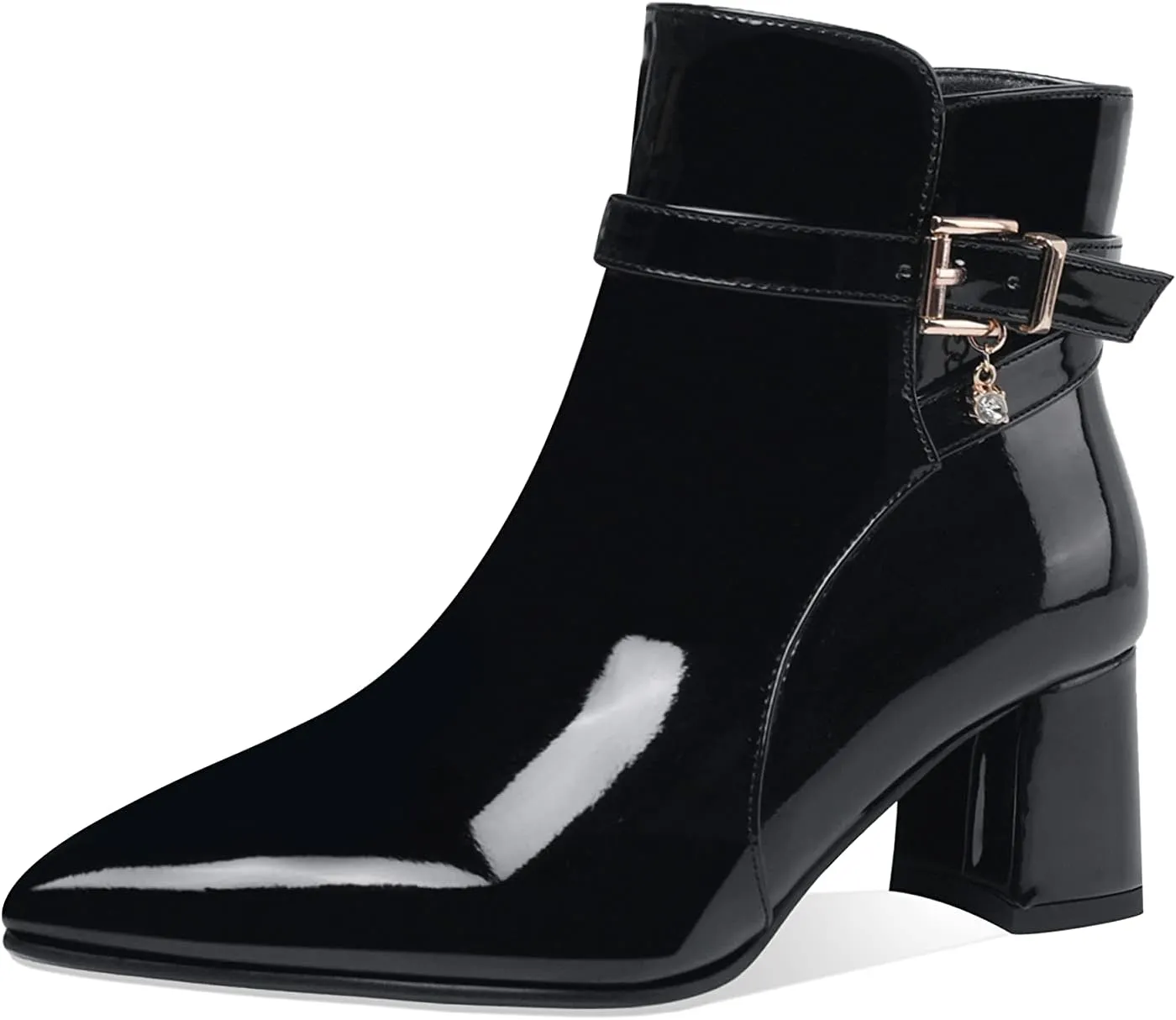 Z.Oufeier Women's Fashion Leather Chunky Ankle Boots Multi Strap Sparkly Rhinestone Pointed Toe Heeled Booties