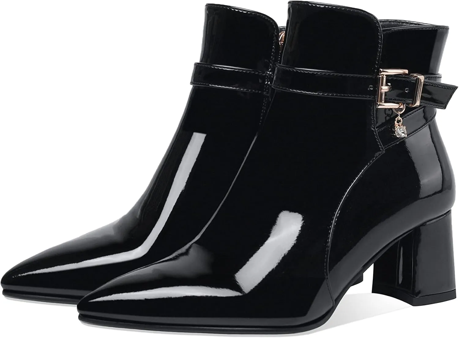 Z.Oufeier Women's Fashion Leather Chunky Ankle Boots Multi Strap Sparkly Rhinestone Pointed Toe Heeled Booties