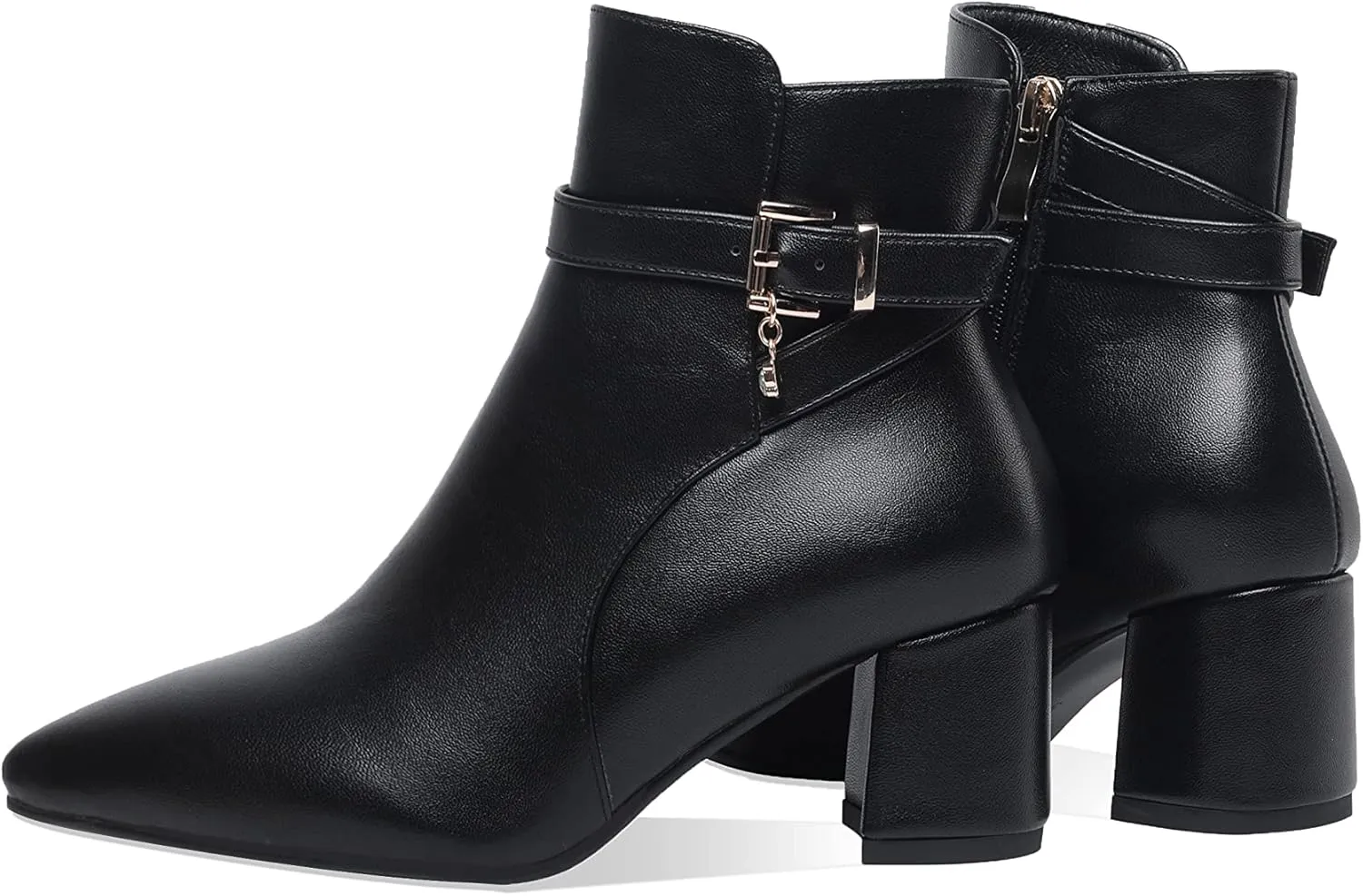 Z.Oufeier Women's Fashion Leather Chunky Ankle Boots Multi Strap Sparkly Rhinestone Pointed Toe Heeled Booties