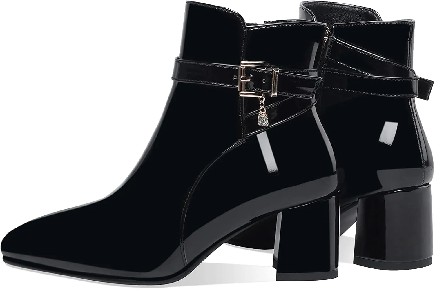 Z.Oufeier Women's Fashion Leather Chunky Ankle Boots Multi Strap Sparkly Rhinestone Pointed Toe Heeled Booties