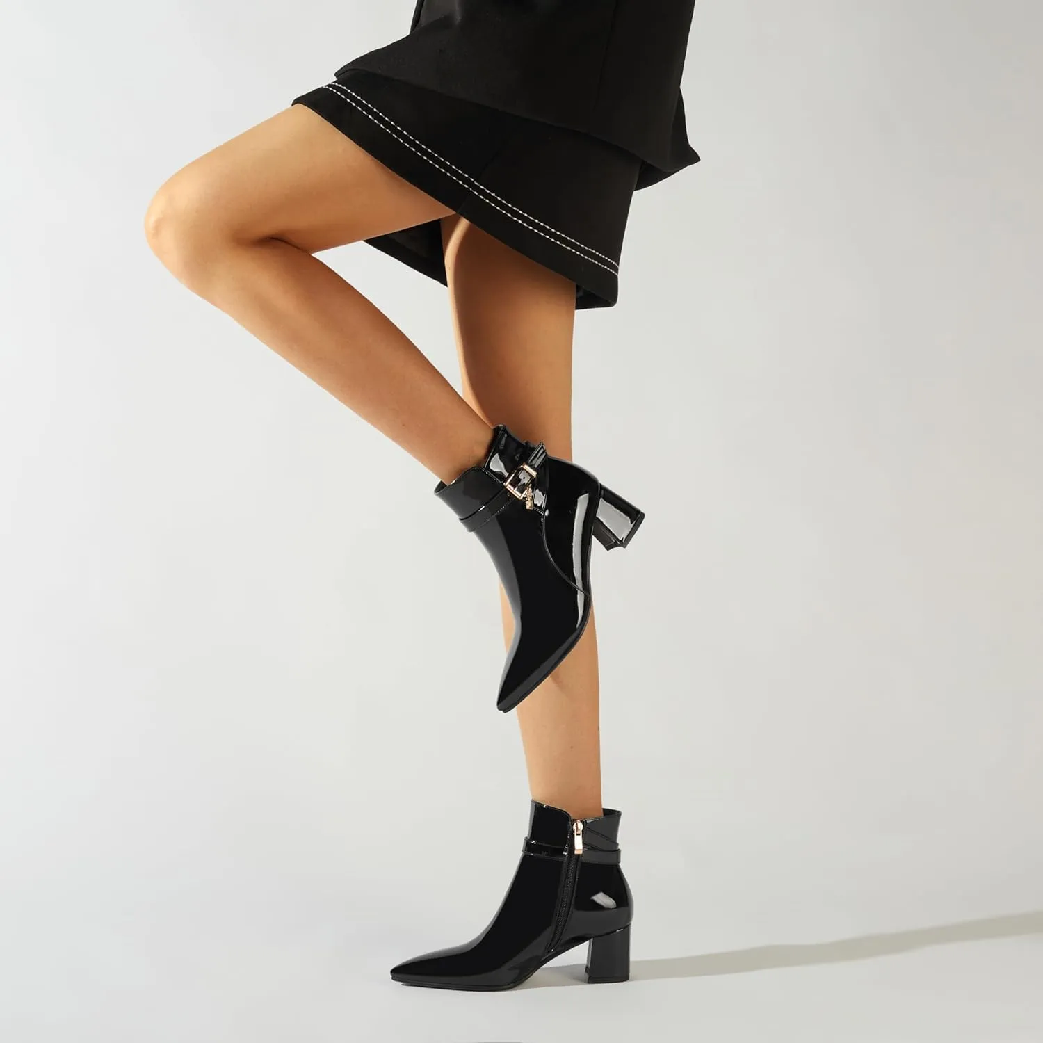 Z.Oufeier Women's Fashion Leather Chunky Ankle Boots Multi Strap Sparkly Rhinestone Pointed Toe Heeled Booties