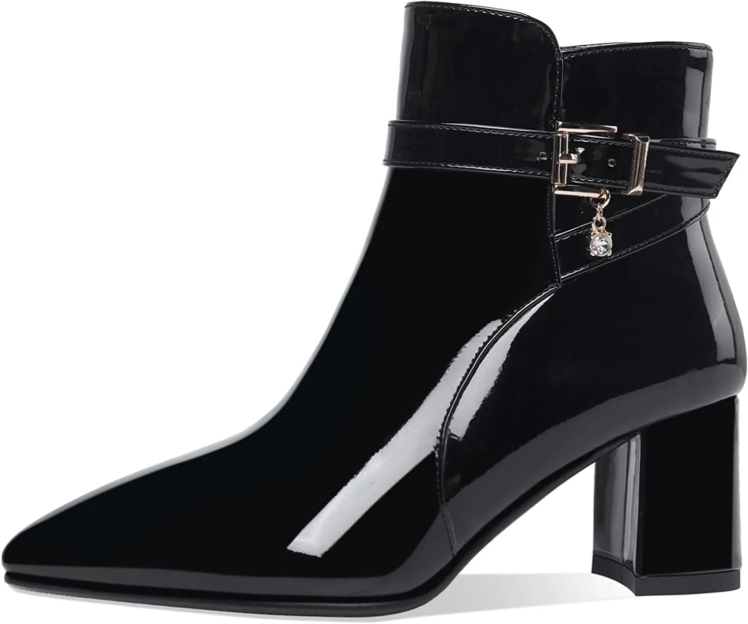 Z.Oufeier Women's Fashion Leather Chunky Ankle Boots Multi Strap Sparkly Rhinestone Pointed Toe Heeled Booties